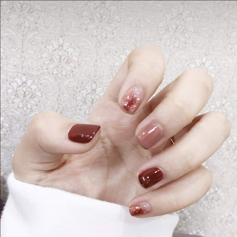 Red Glossy Press On Nails Set Short Glitter False Nails Instant Salon Manicure No Glue Needed 24Pcs
