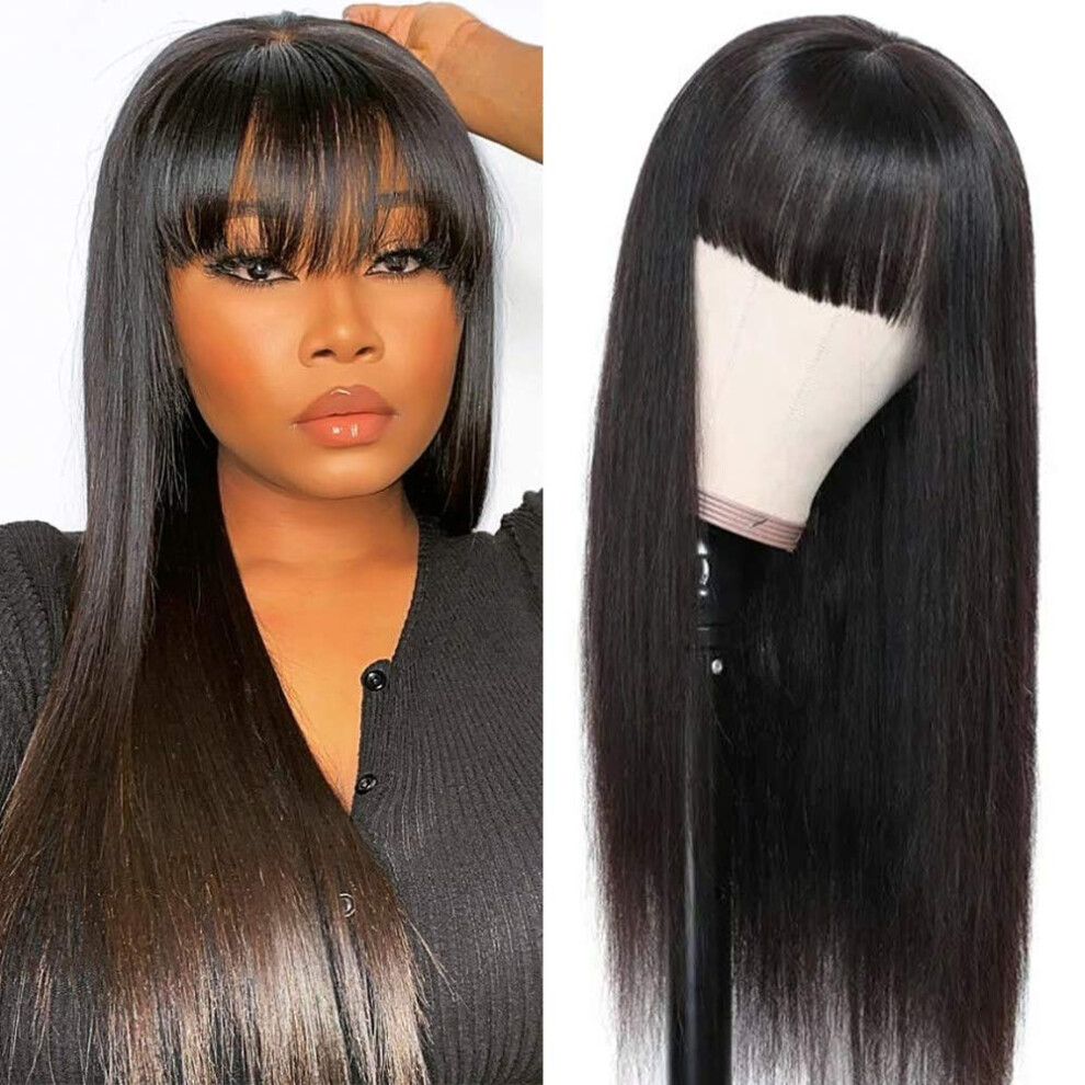 18 Inch Brazilian Straight Human Hair Wig with Bangs 150 Density Glueless for Black Women