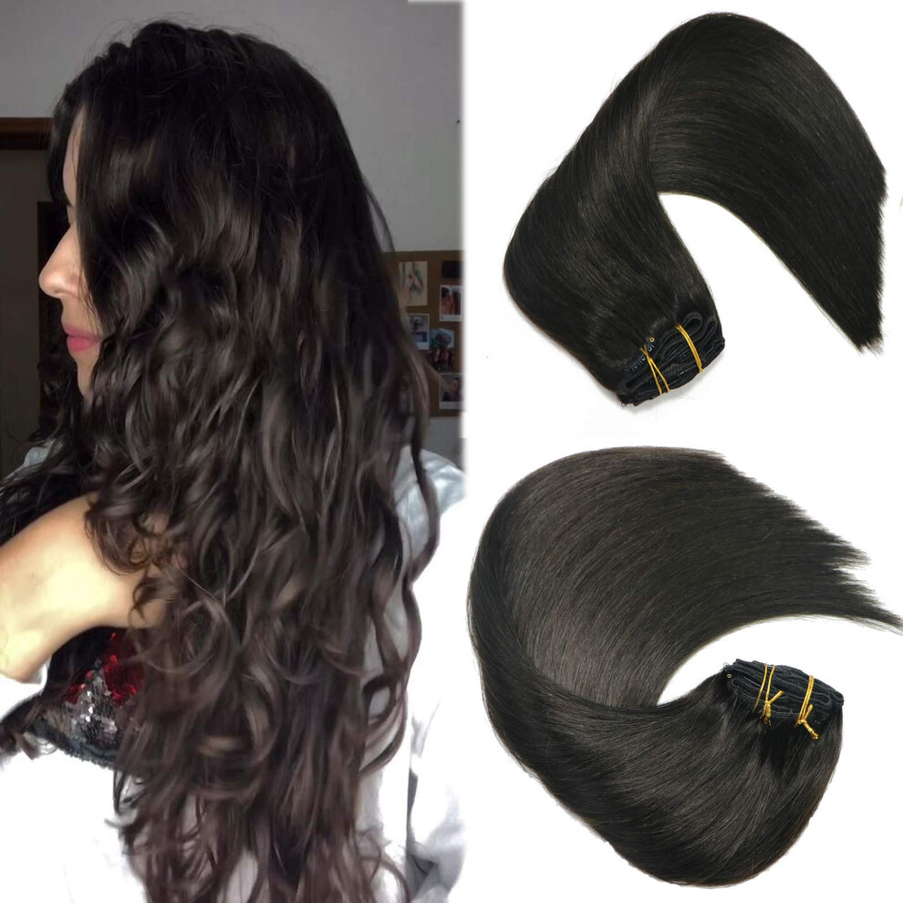 Unisex Black 14 Inch Off Remy Human Hair Clip In Extensions, Double Wefted Silky Straight 120G Volume Boost