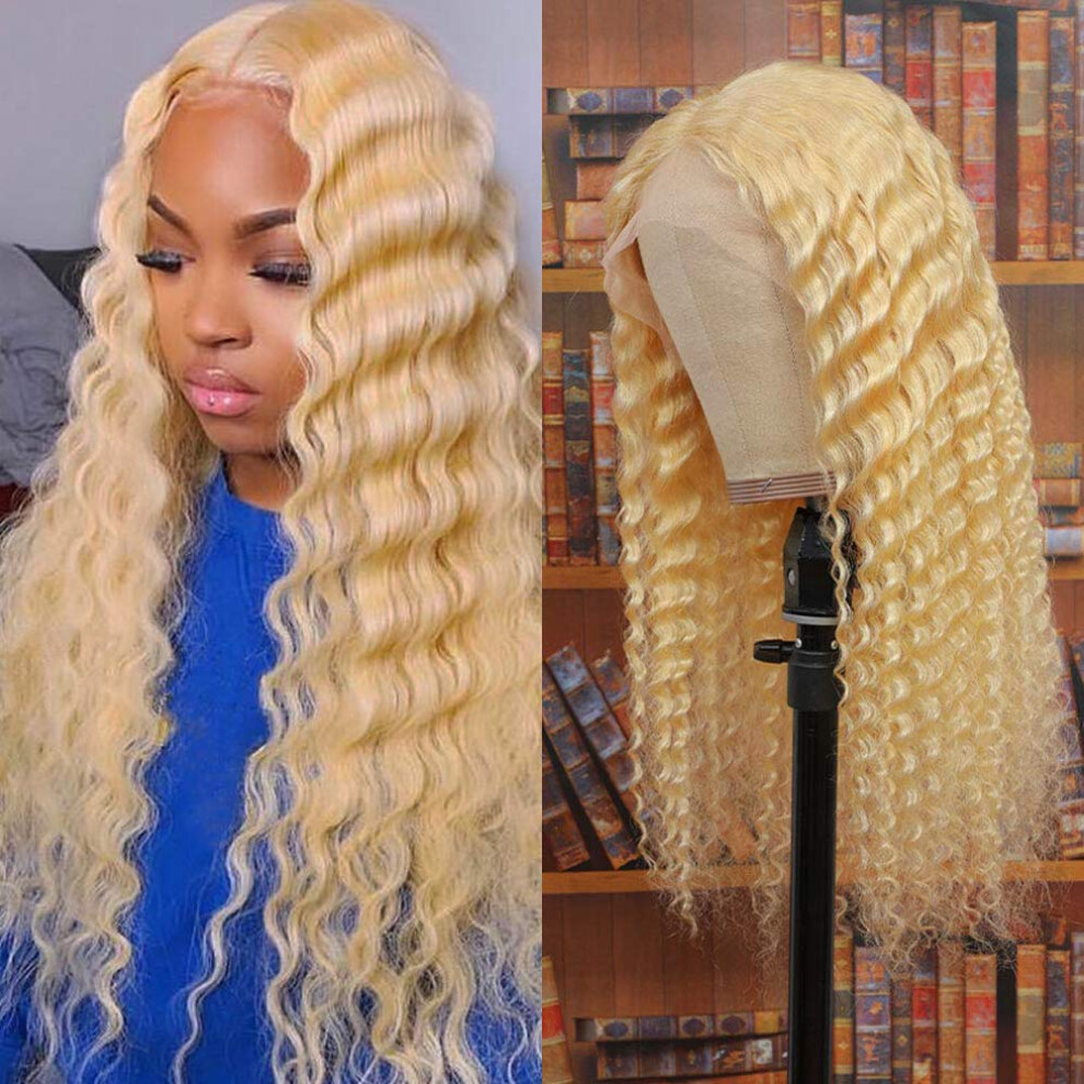 Unisex 613 Blonde Lace Front Wig Human Hair Deep Wave 13X4x1 Tpart Brazilian Virgin Hair Preplucked