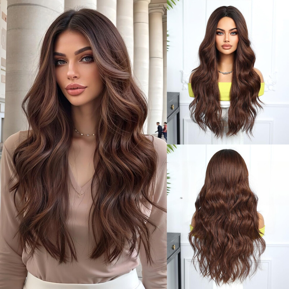 28 Inch Dark Brown Human Hair Wig Long Curly Middle Part Natural Hairline Tangle