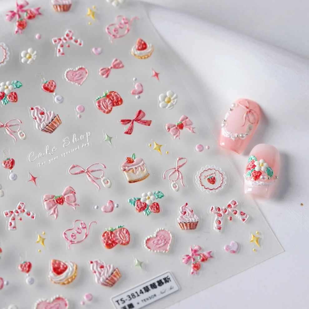 5D Embossed Pink Nail Art Stickers Self Adhesive Cake Bow Strawberry Nail Decals for Women