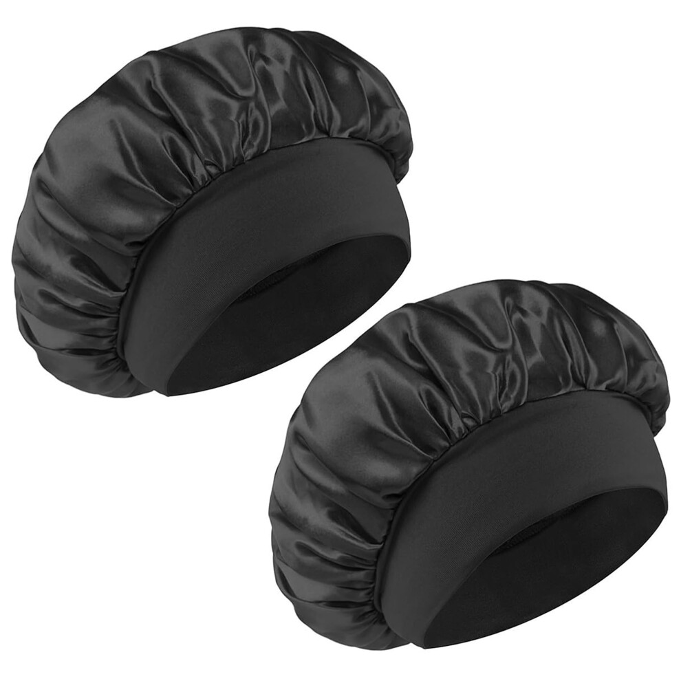 2PCS Satin Sleep Bonnet for Women, Large Double Layer Shower Hair Cap for Curly Hair, Black
