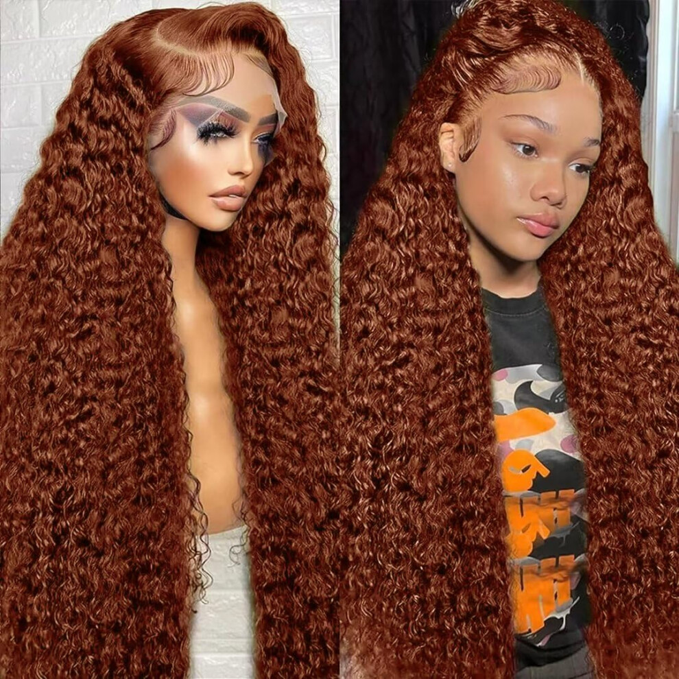 32 Inch Reddish Brown Deep Wave Human Hair Lace Front Wig for Black Women, 250 Density