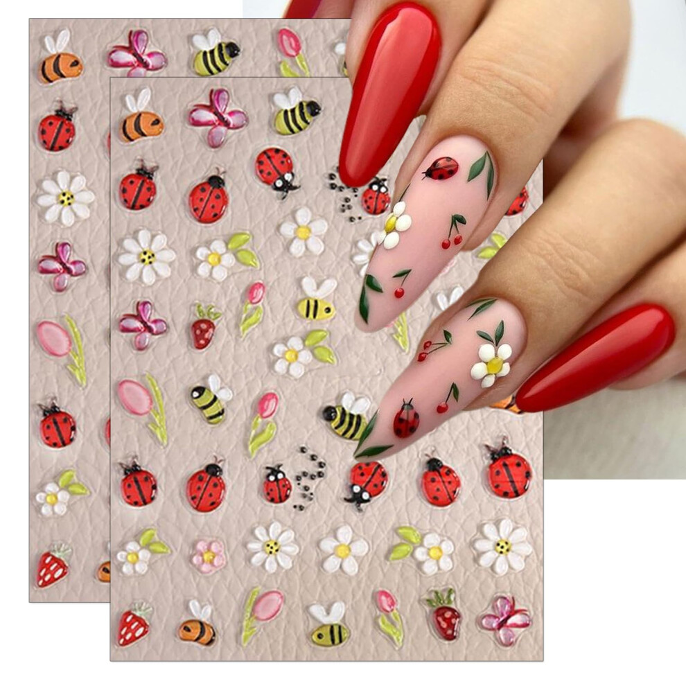 Embossed Ladybug Nail Art Stickers 5D Bees and Flower Decals for Spring Summer DIY Manicure 2 Sheets