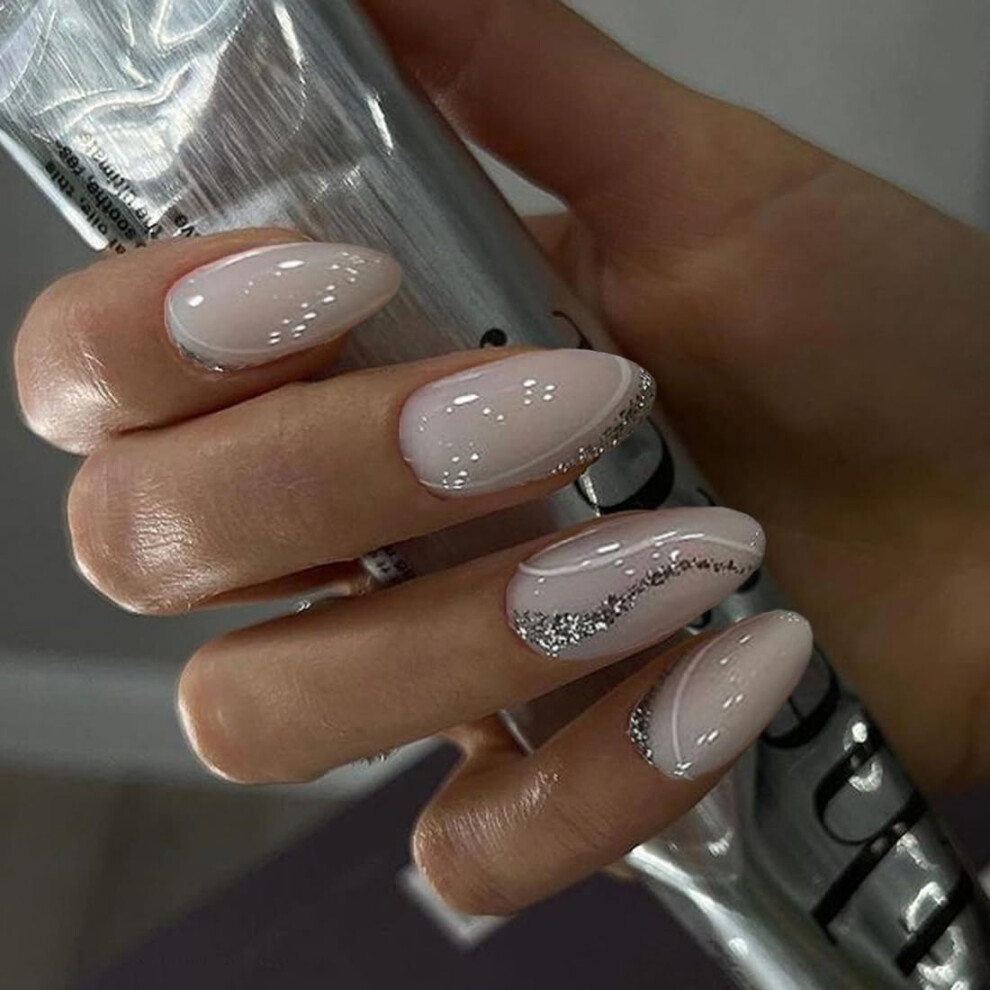Almond French Tip Chrome Press On Nails Medium Glossy Mirror Finish Fake Nails for Women
