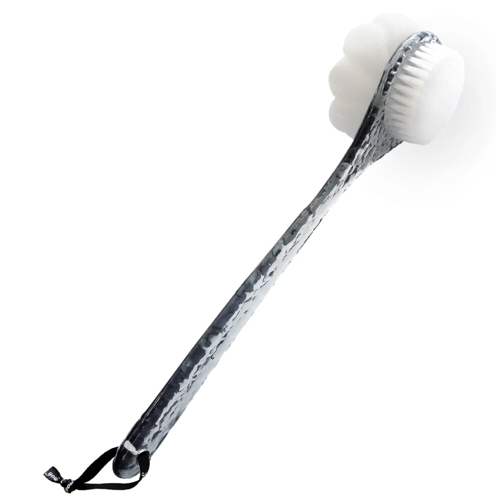 Gray Body Brush With Long Handle, Dualsided Soft And Stiff Bristles Back Scrubber For Shower, Clear