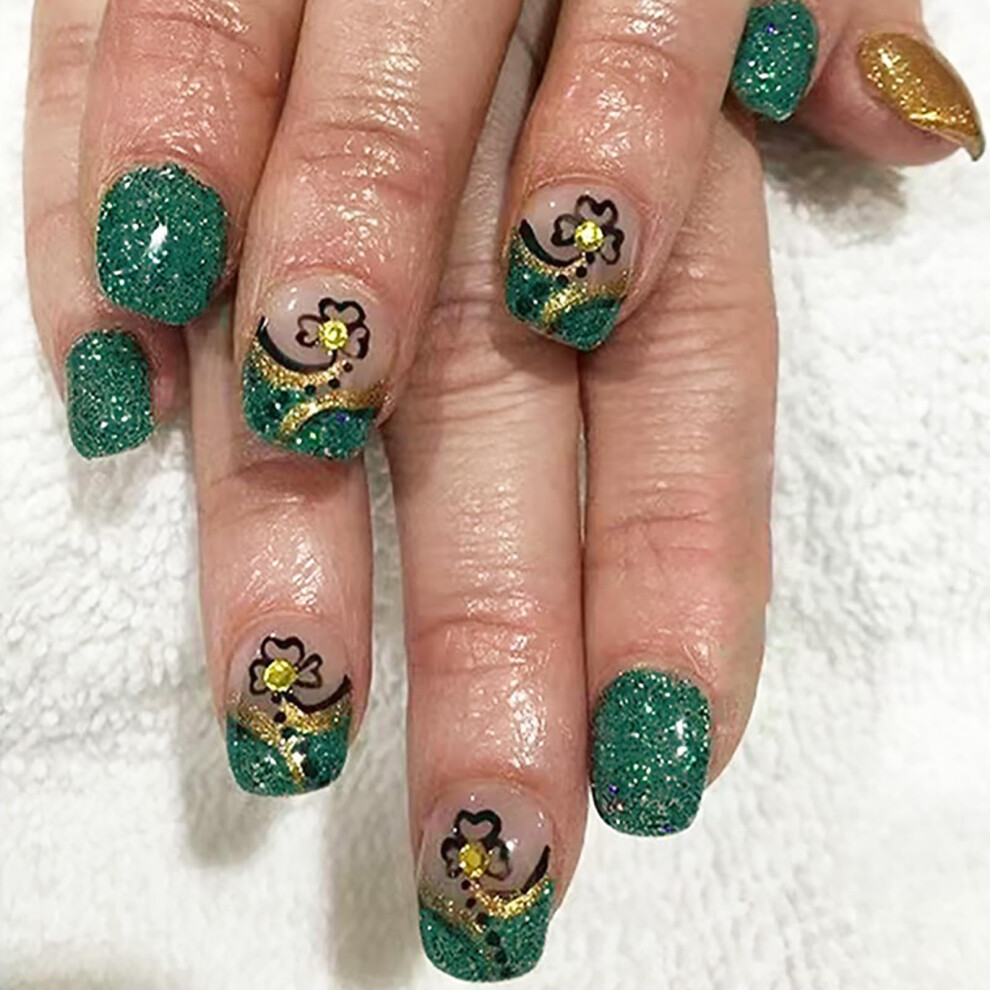 Green,Gold St. Patrick's Day Press On Nails Green And Gold Clover Short Glossy Acrylic Fake Nails 24Pcs
