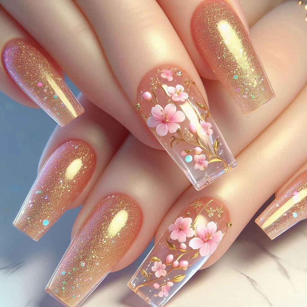 Pink,Cream Long Coffin Press On Nails Nude Pink Flower Fake Acrylic Nails Glossy Glue On Salon Look 24 Pcs