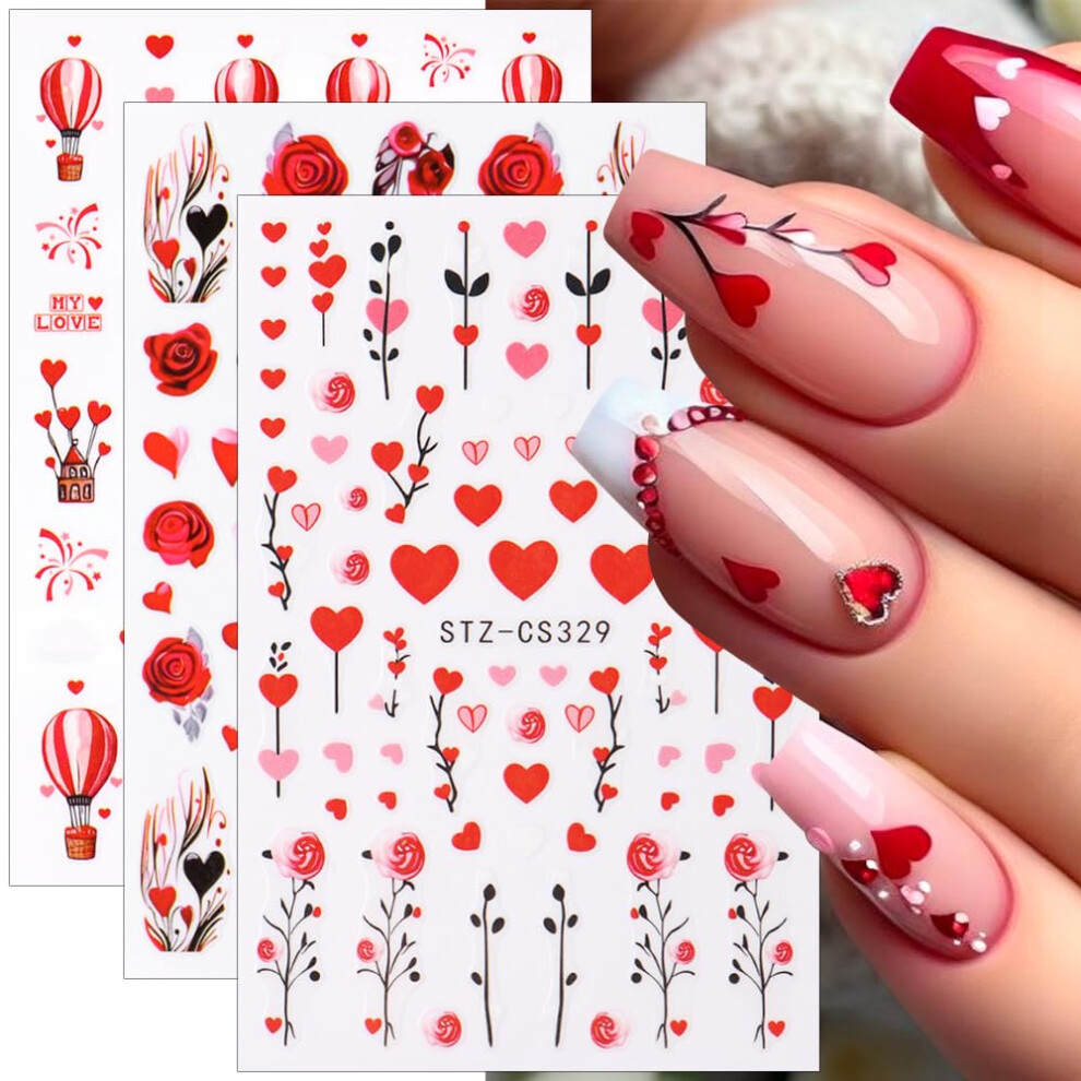 Valentine's Day Nail Stickers for Women with Love Hearts Roses and Hot Air Balloon Designs
