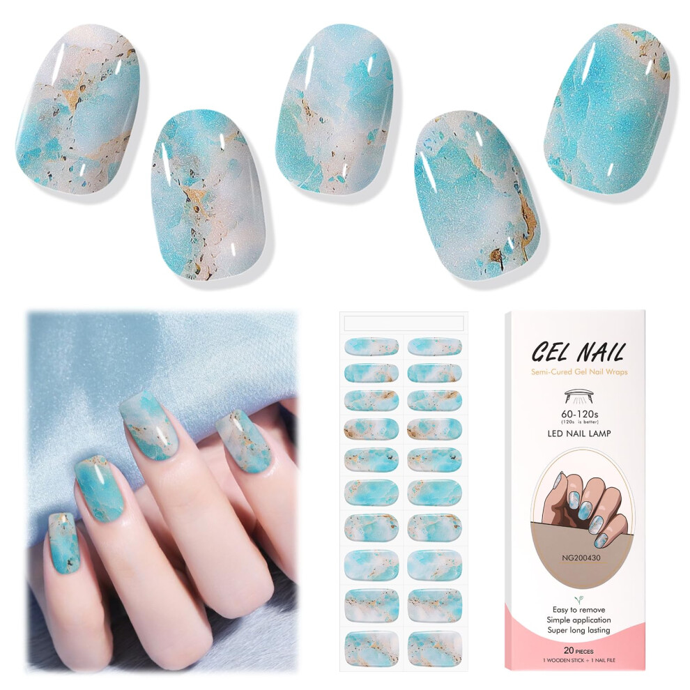 Blue Marble Semi Cured Gel Nail Strips 20Pcs Uv Gel Nail Stickers Salon Quality Long Lasting