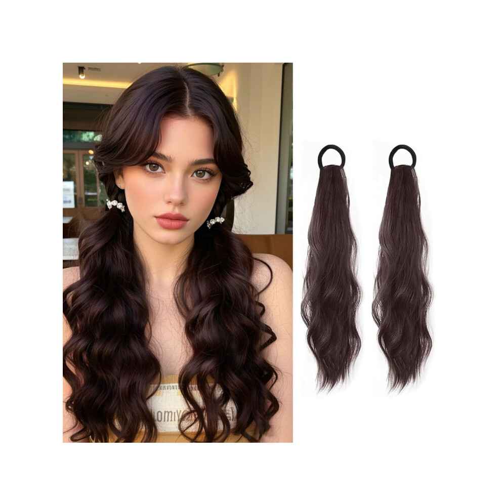 Unisex Brown Ponytail Hair Extension Synthetic Curly Hairpiece Heat Resistant Voluminous 17 Inch