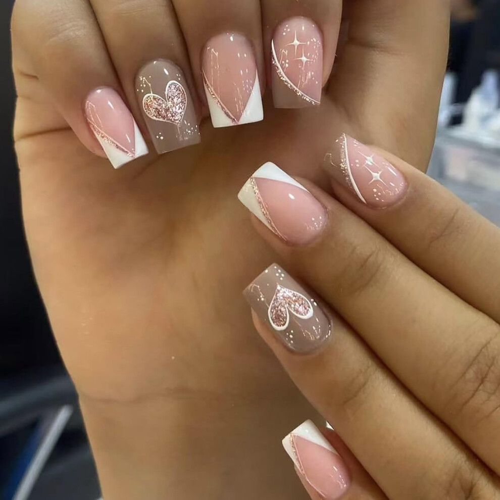 Valentine's Day Press On Nails Pink Heart French Tip Glitter Short Square Acrylic False Nails