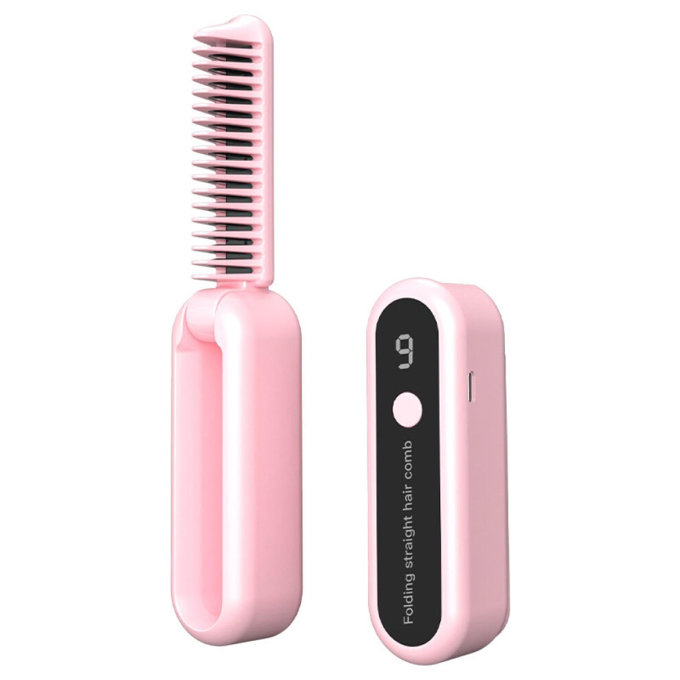 Pink Cordless Foldable Mini Hair Straightener And Curler With 10S Heat Up And Antiscald Comb Teeth