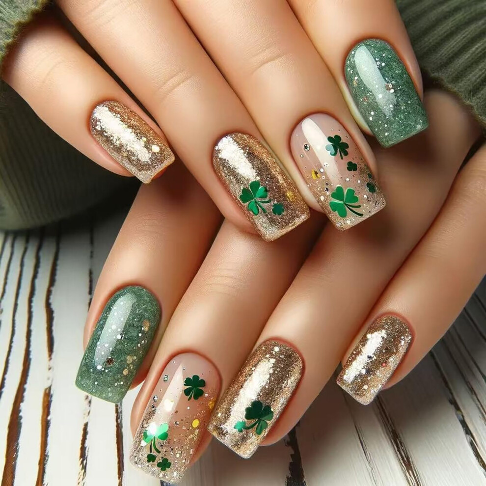 Green St. Patrick's Day Press On Nails With Shamrock Glitter, 24Pcs Reusable Fake Nails Set