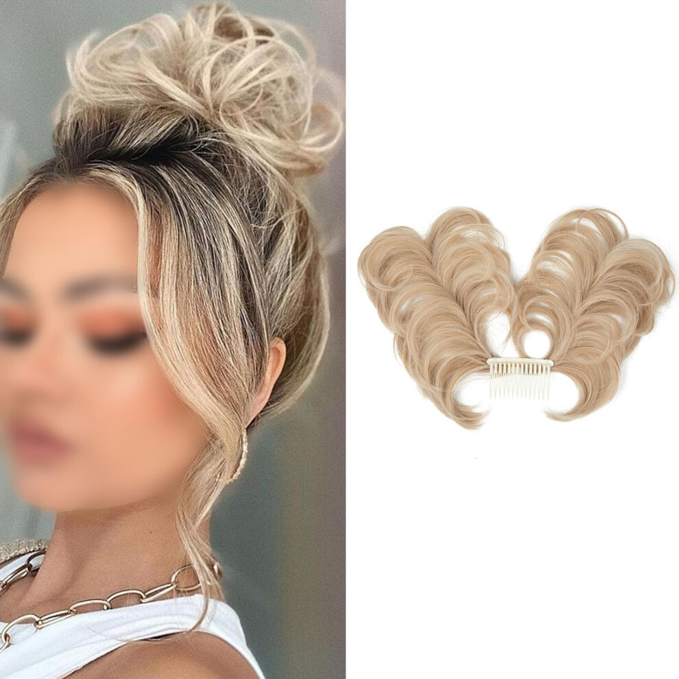 Unisex Light Messy Bun Hair Piece With Comb Clip, Adjustable Chignon Bun Extension, Wavy Curly Blonde