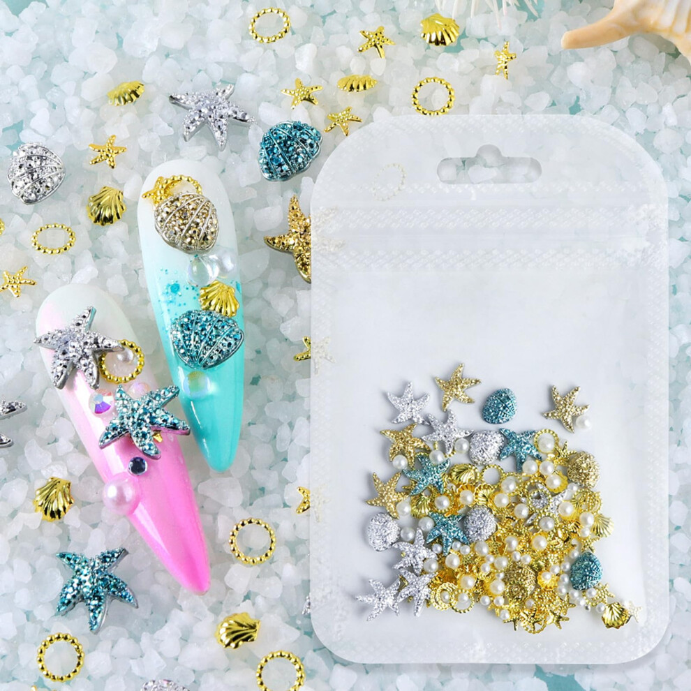 Gold/Silver/Blue Ocean Theme Nail Art Charms Set Starfish Seashell 3D Summer Beach Decorations