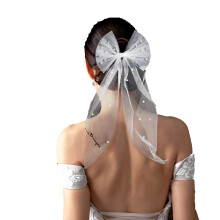 Bridal Hair Bow Veil with Pearls and Custom Text, Wedding Hair Clip for Bride or Bridesmaid