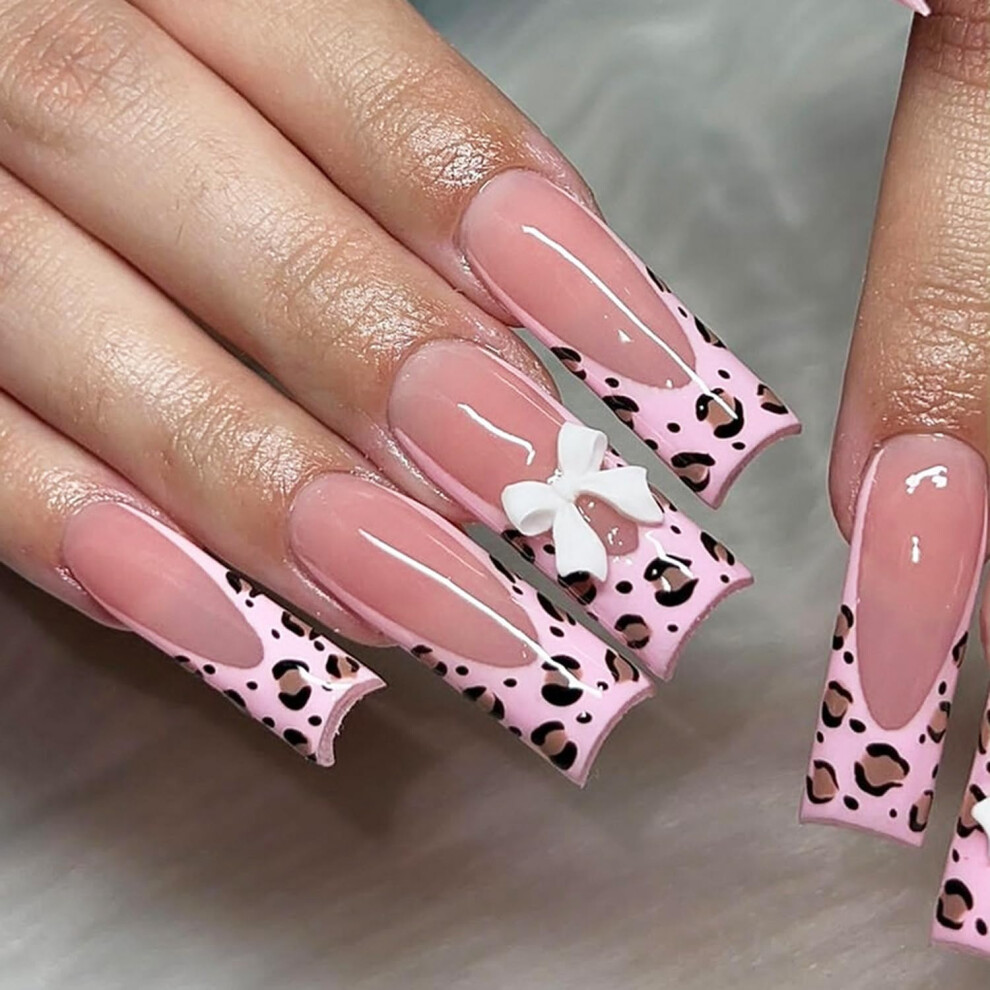 Pink,White Long Square Press On Nails Pink Leopard With White Bow, Reusable Acrylic Fake Nails 24Pcs