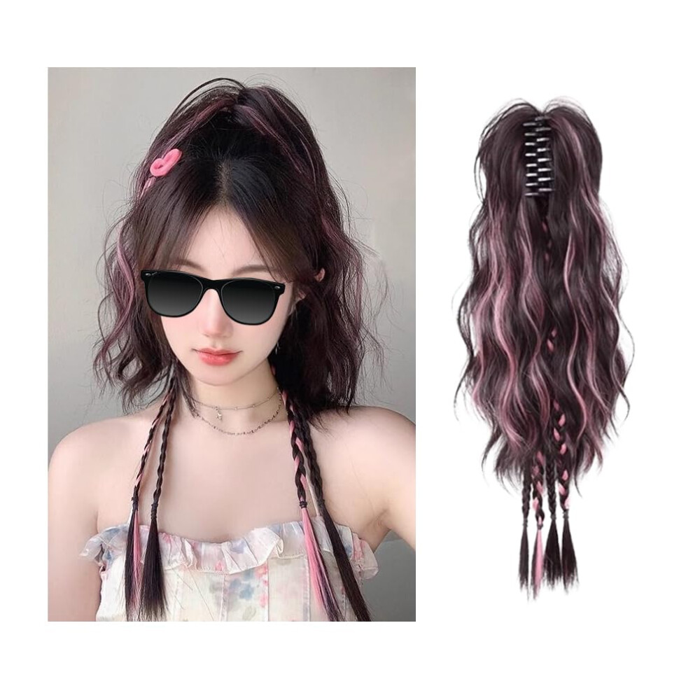 Unisex Blue,Pink Synthetic Braided Wig With Bold Pink Blue Highlights And Secure Claw Clip Ponytail Hairpiece