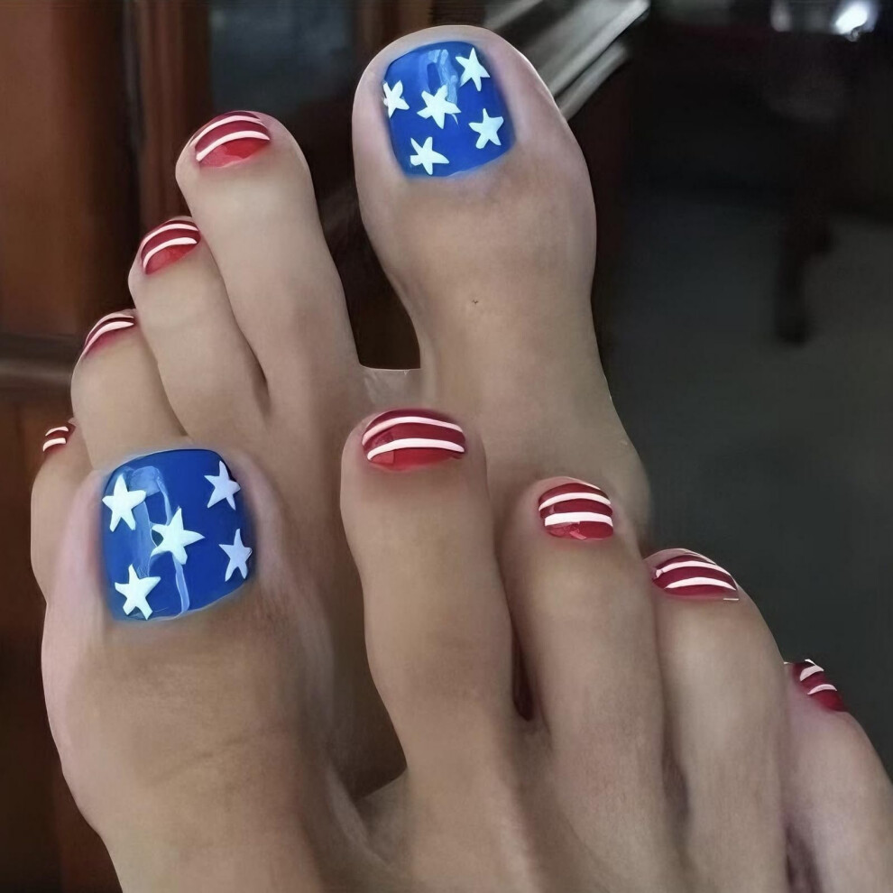Blue Patriotic Press On Toenails Short Square Independence Day Fake Toenails With Star Designs 24Pcs