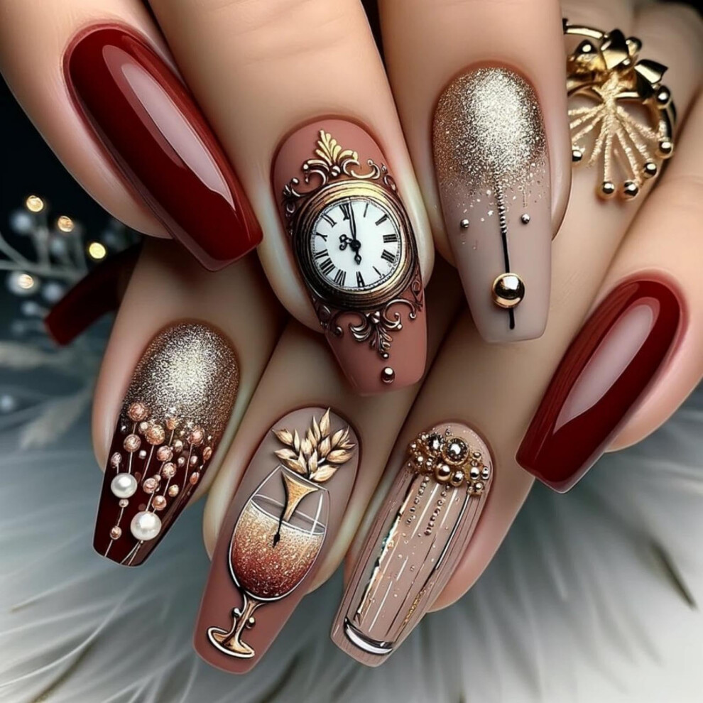 Christmas Long Coffin Press On Nails Set Glossy Red Full Cover with Holiday Clock and Wine Glass Design 24Pcs