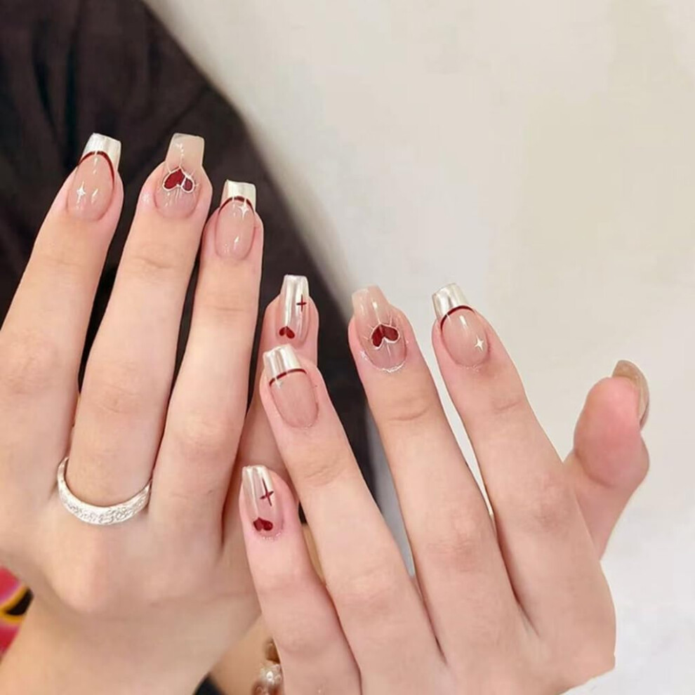 Short Square Press On Nails 24pcs Heart Glitter Design French Style Artificial Nails for Valentine's Day