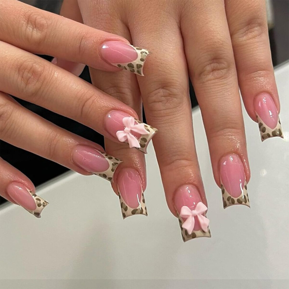 24Pcs French Tip Press On Nails Set Pink Leopard Print Square Fake Acrylic Nails Reusable