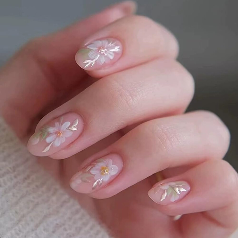 Press On Nails 30pcs Almond Fake Nails with Glossy Floral Design Medium Length Acrylic Finish