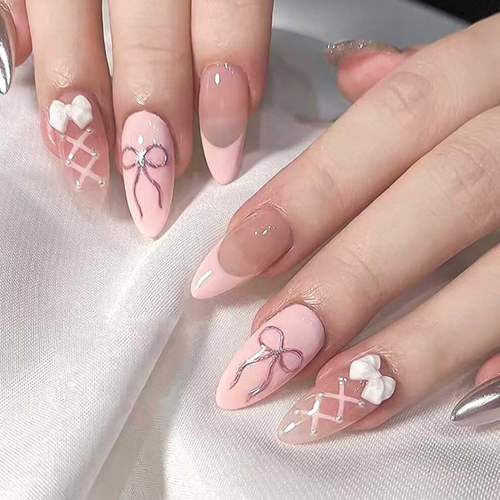Pink Almond Press On Nails With Bows, Glossy Fake Nails Set, Reusable Salonquality 24Pcs