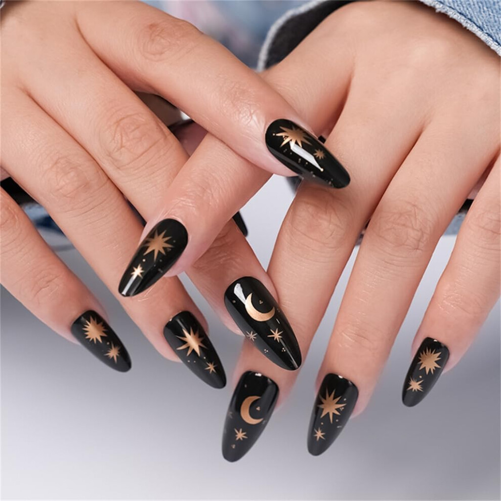 Black Almond Shape Gothic Press On Nails With Star Moon Design Long French Tips, 24Pcs False Nails