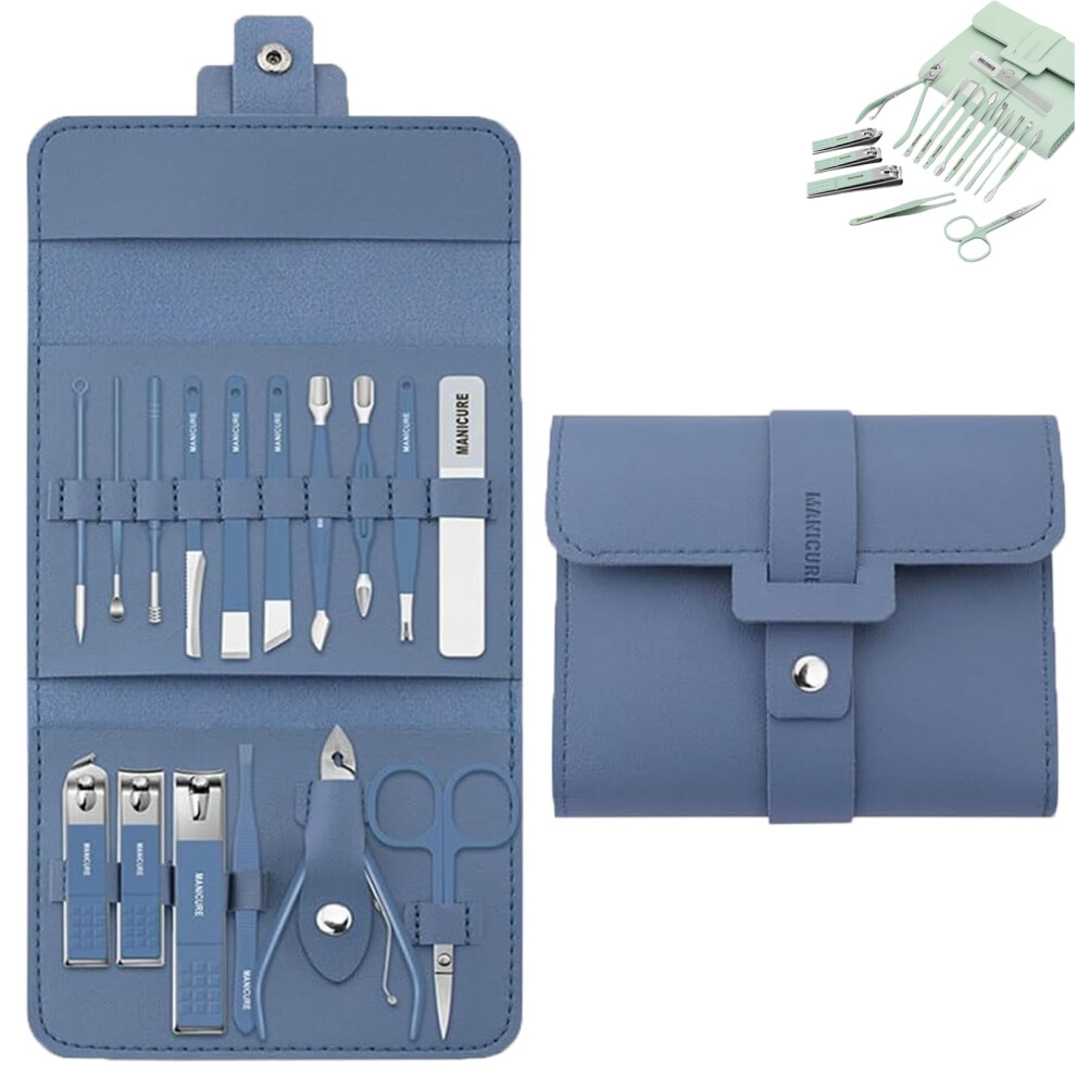 Manicure Set 16Piece Stainless Steel Nail Care Kit with Compact Leather Case for Travel Women Blue