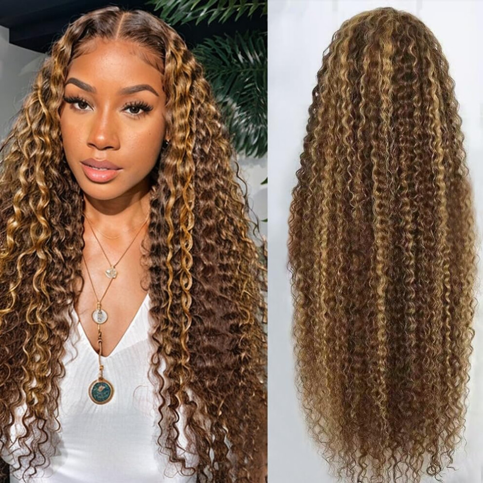 Unisex 36 Inch Highlight Ombre Lace Front Wig Human Hair 13X6 Hd Honey Blonde Deep Wave Glueless Pre Plucked 200% Density