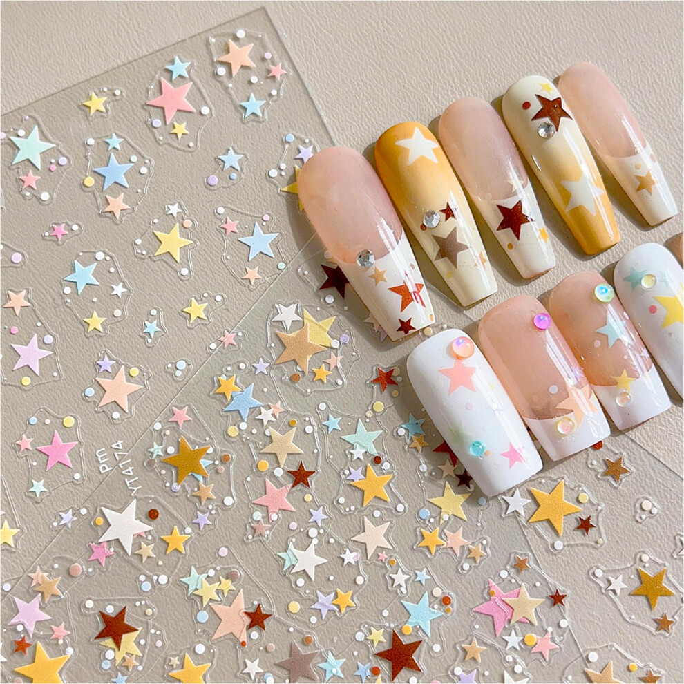 2 Sheets Colorful Star Nail Art Stickers Self Adhesive 5D Embossed Salon Quality Nail Decals