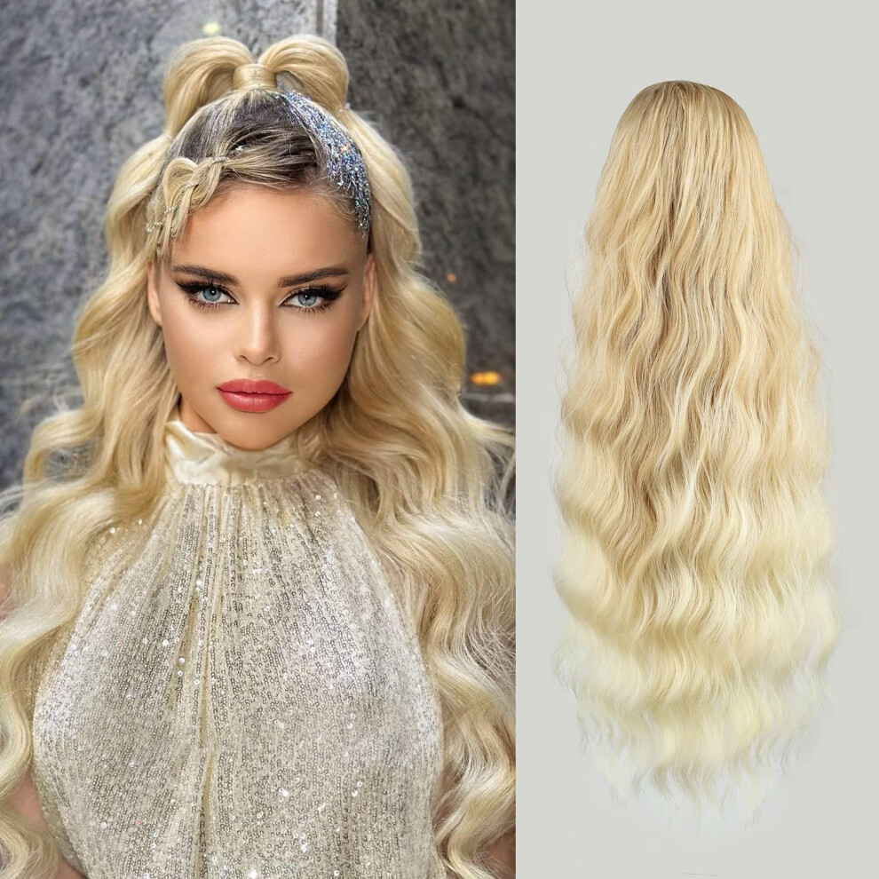22 Inch Long Wavy Blonde Ponytail Hair Extension for Women, Heat Resistant Synthetic Drawstring