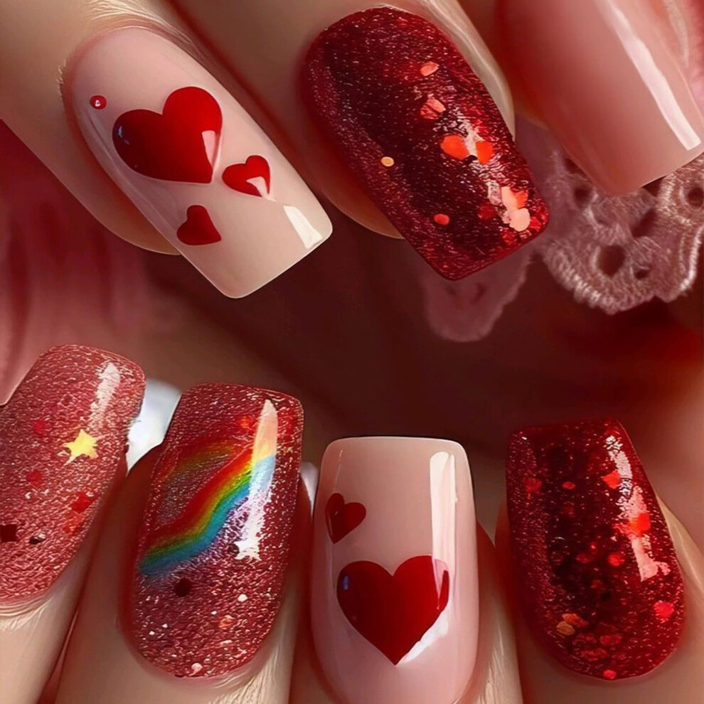 Red Valentine Coffin Press On Nails Glitter Hearts Medium Glossy Fake Nails Set 24 Pcs