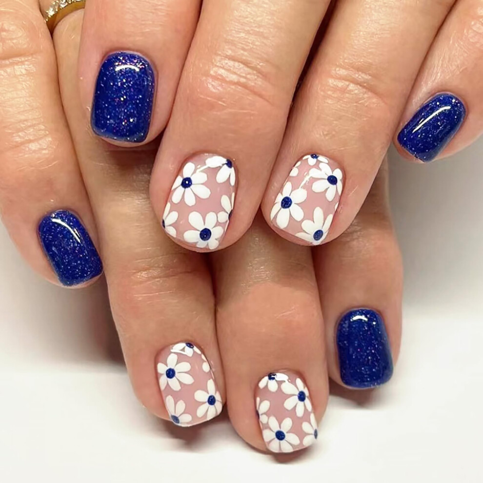 Blue Glitter Press On Nails With Daisy Design, Reusable Acrylic Glue On False Nails 24Pcs