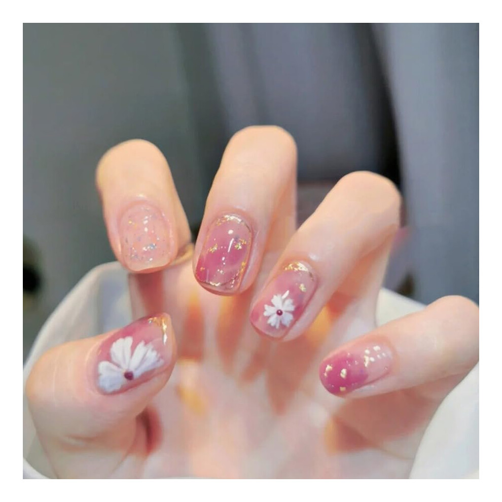 Pink,White,Cream 24Pcs Short Coffin Press On Nails Set Nude Pink Gradient Fake Nails With White Flower Design