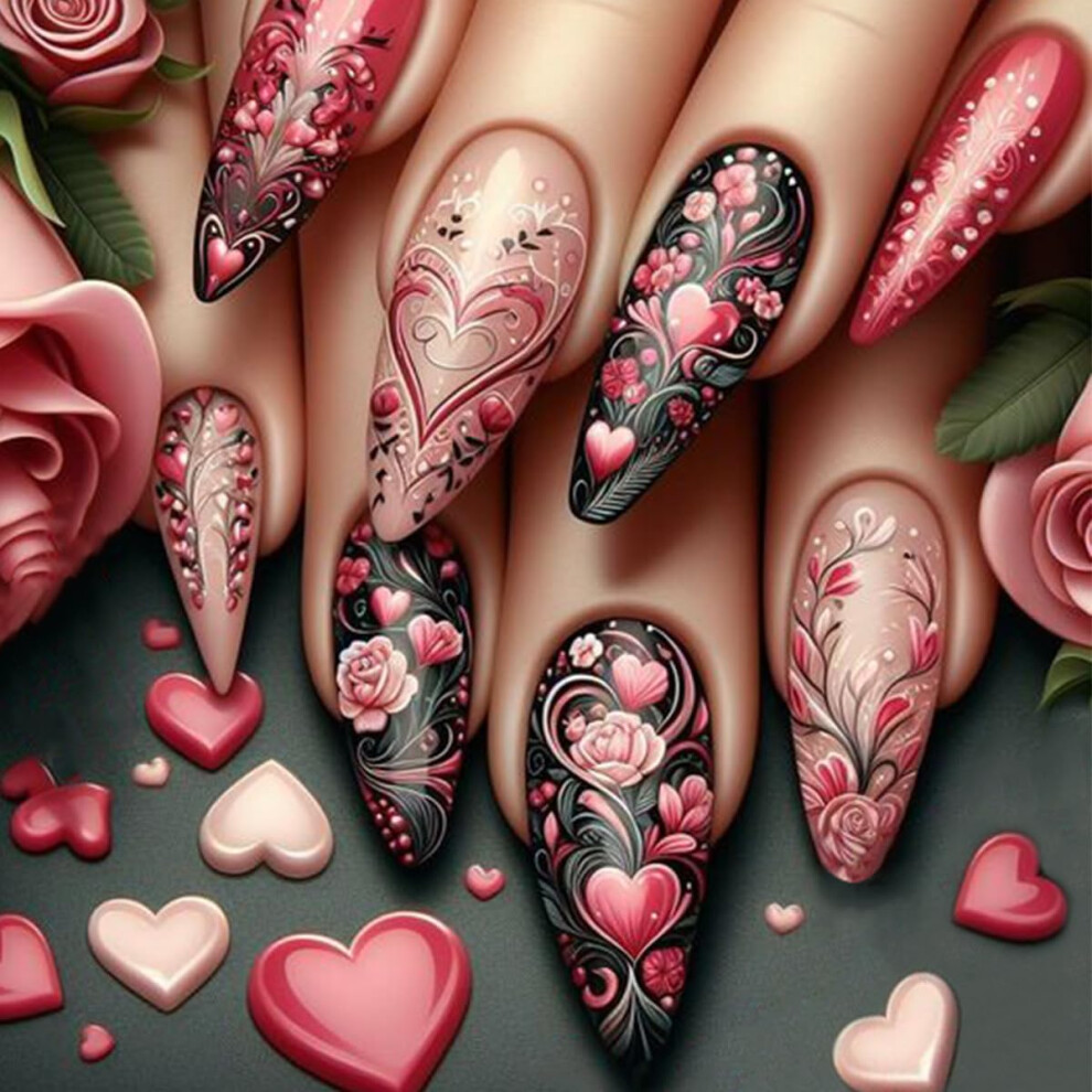 Medium Almond Press On Nails with 3D Floral Acrylic Design, Nude Glossy Fake Nails for Women
