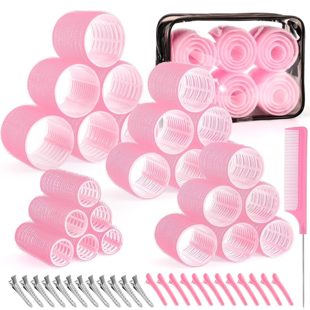 SelfGrip Hair Rollers Set For Long Hair Short Hair And Bangs 4 Sizes 25mm 36mm 48mm 60mm Pink 50 Pcs With Clips