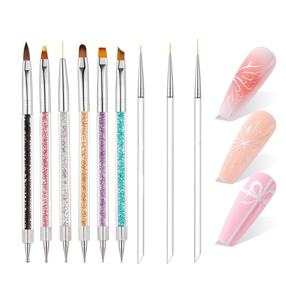 9pcs Nail Art Brushes Set with DualEnded Dotting Tools, Precision Liner Pens for DIY Manicure Designs