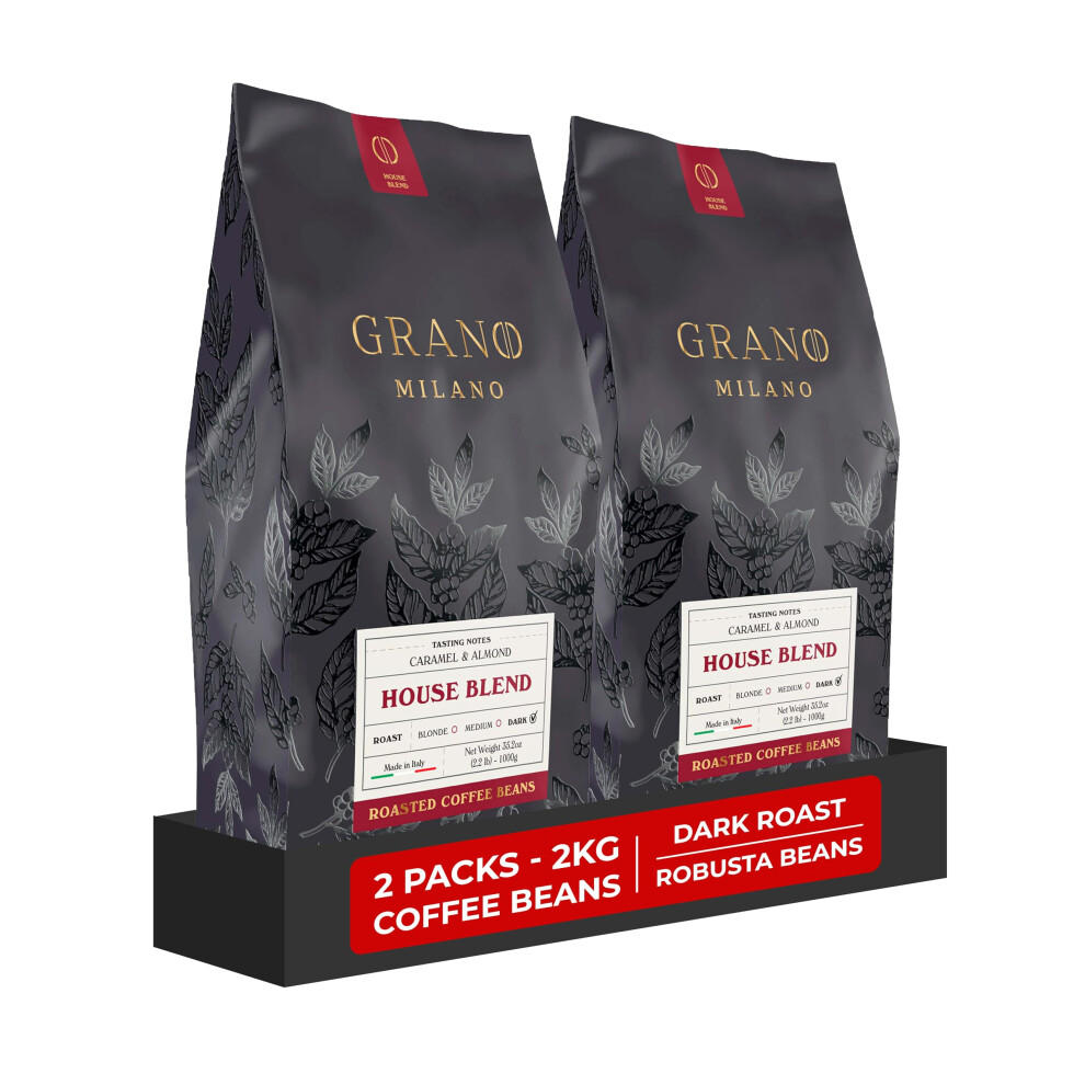 Grano Milano Coffee Beans 2Kg House Blend Arabica And Robusta, Dark Roast Intensity 3/5 Strong Coffee, Made In Italy, Pack Of 2