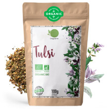 ORIGEENS ORGANIC TULSI TEA 100g | DRIED HOLY BASIL LEAVES | Loose leaf holy basil theine-free, Anti-stress herbal tea