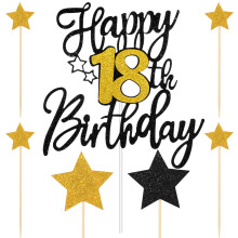 Happy 18th Birthday Cake Topper Black and Gold 18th Cake Topper Glitter Cheers to 18 Years Birthday Cake Pick 18th Birthday Celebrating Cake Decorati