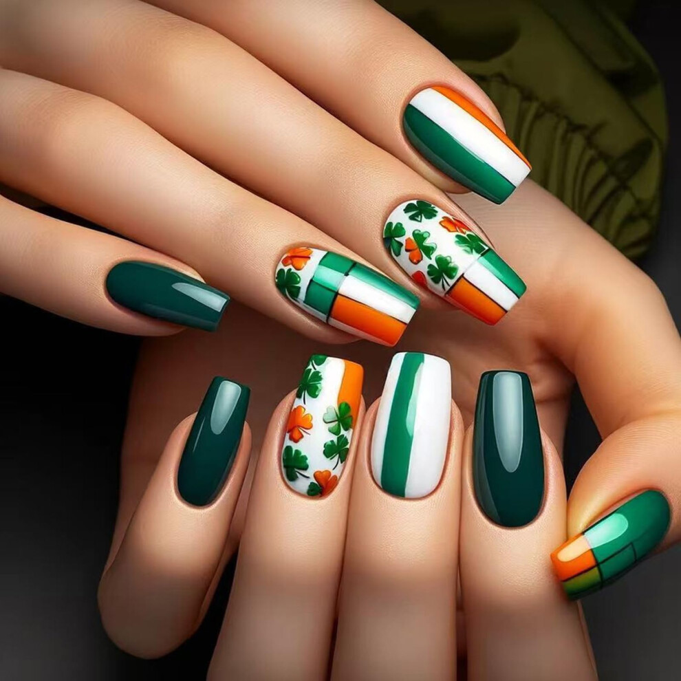 St Patrick's Day Press On Nails with Shamrock and Irish Flag Design, Medium Square Acrylic Set 24pcs