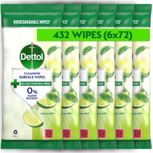 Dettol Antibacterial Cleansing Surface Wipes, Lime and Mint, 360 Wipes (72 x 6pc) Disinfectant, Home Hygiene, Biodegradable, Kills 99.9 Percent of Ge