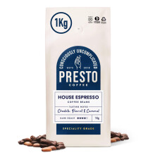 Presto Coffee | House Espresso Coffee Beans | 1kg | Dark Roast | Chocolate Almond Notes | Rainforest Alliance Certified Arabica | Fully Recyclable Pa