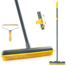NEWE Rubber Pet Hair Broom with Lint Remover, 146 cm Long Handle Silicone Carpet Brush Removal with Built-in Squeegee for Cleaning Floor (Gray Yellow