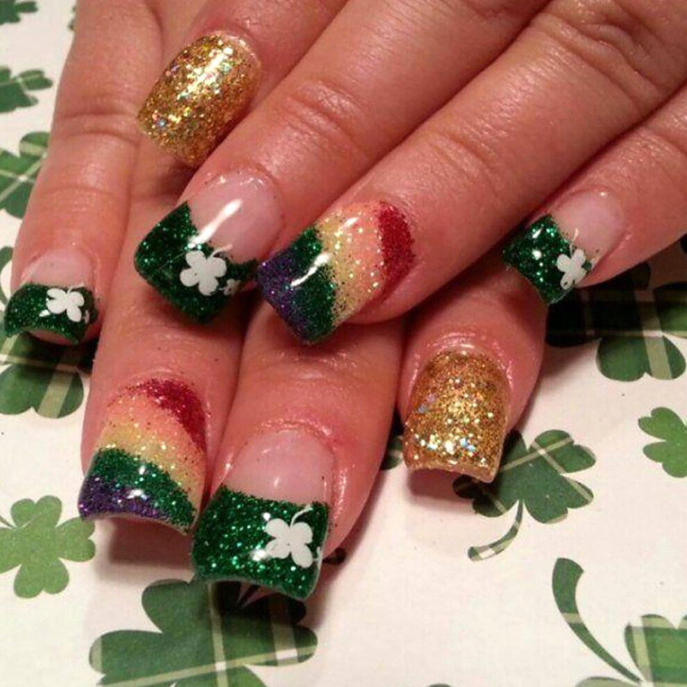 Green St. Patrick's Day Press On Nails Glitter Shamrock Short Square Acrylic False Nails 24Pcs