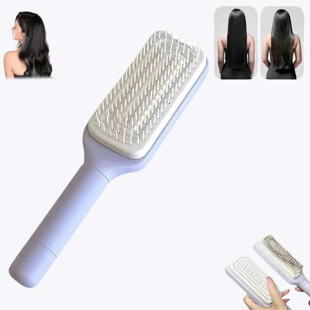 Purple Anti Static Self Cleaning Hair Brush With Retractable Bristles For Wet Or Dry Detangling,